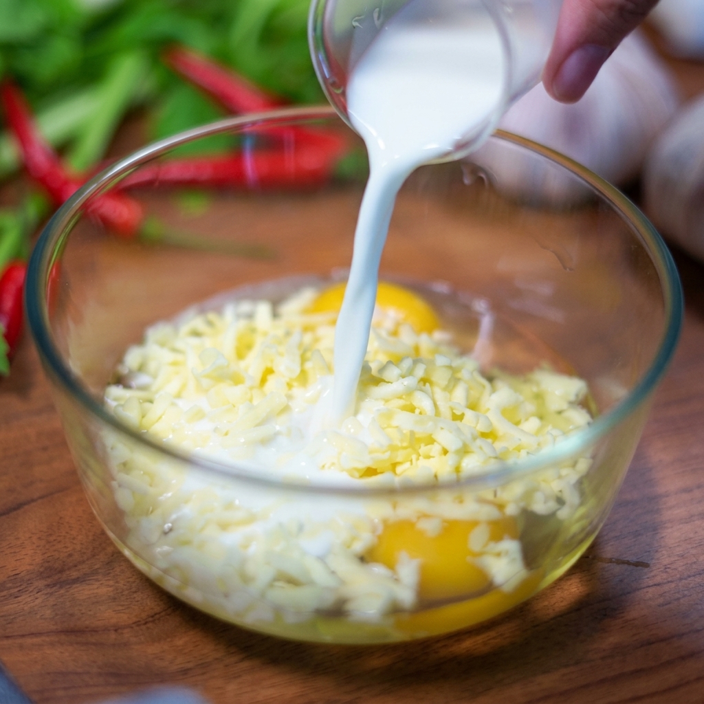Milk being poured from a small clear pitcher into a glass bowl that contains raw egg yolks and a pile of pale shredded cheese.