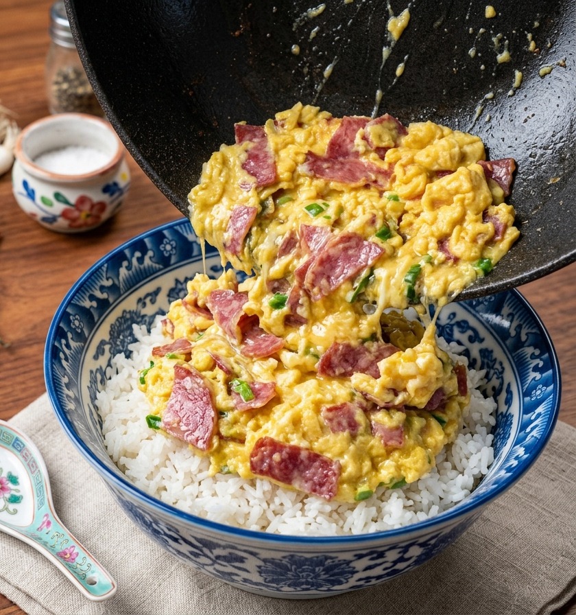 A pan tilting to slide a mound of yellow scrambled eggs and purple bacon onto a bowl of steaming white rice.