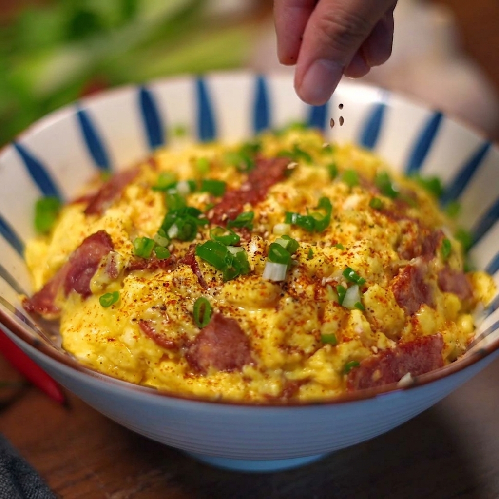 A hand sprinkling sliced green onions over a completed bacon and egg rice bowl.