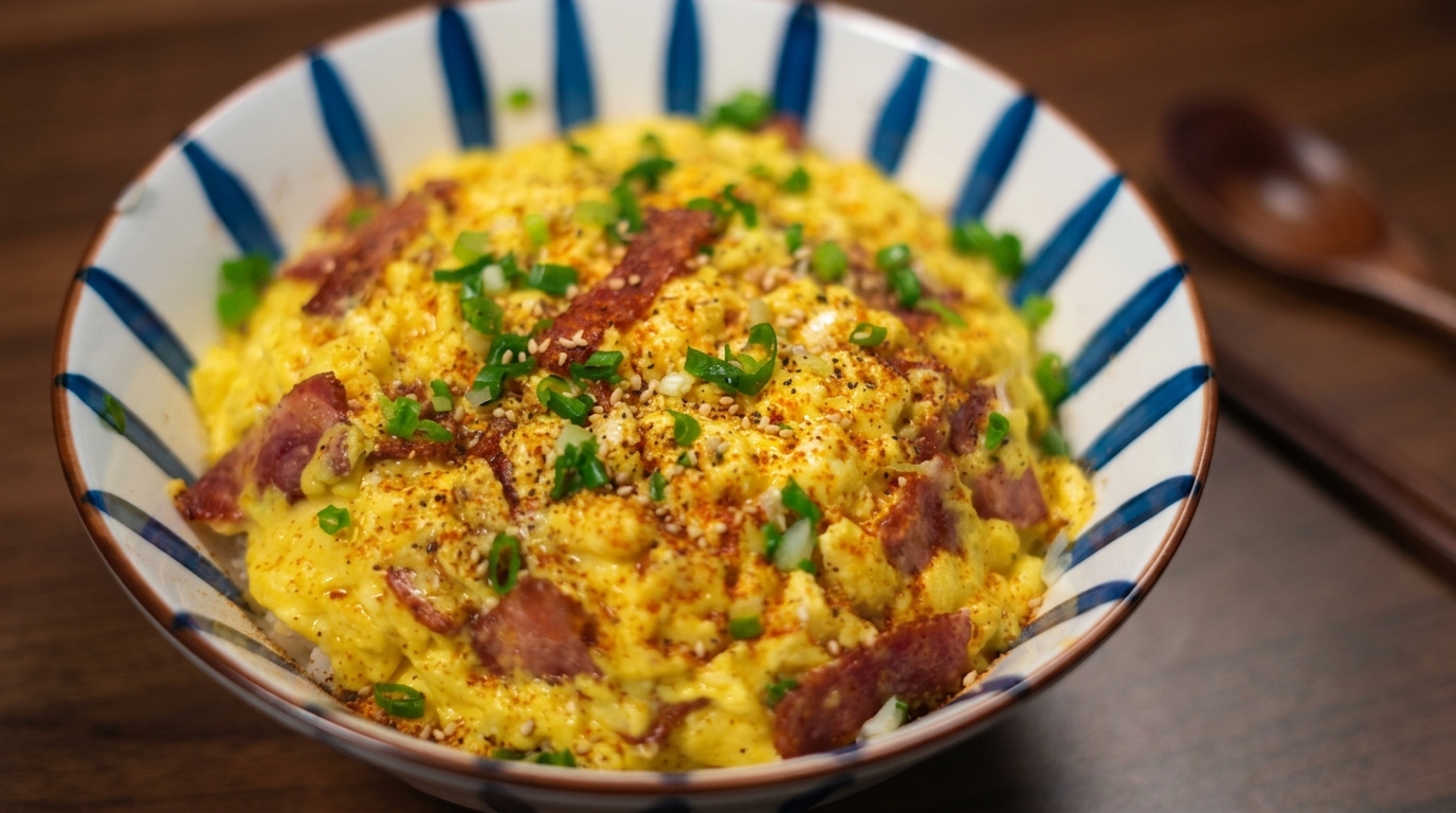 A savory bowl of steamed rice topped with fluffy scrambled eggs, crispy bacon, and fresh green onions.