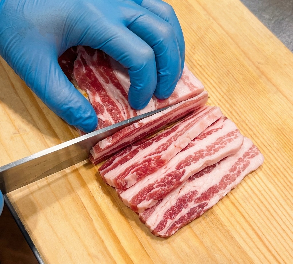 A person wearing blue gloves using a chefs knife to slice raw pork belly into thin strips on a light-colored wooden board.