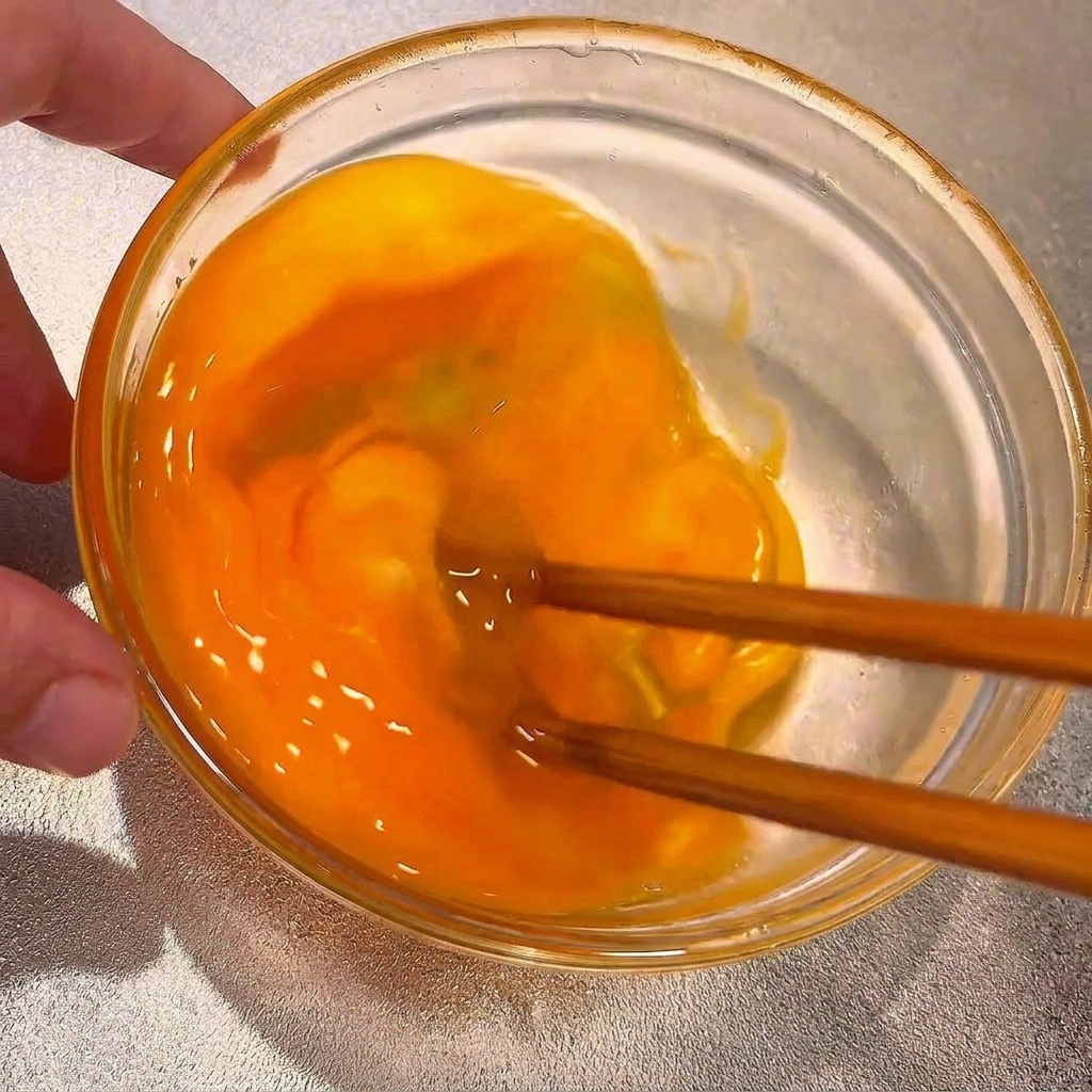 Wooden chopsticks stirring three cracked eggs in a clear glass bowl to create a lightly beaten mixture.