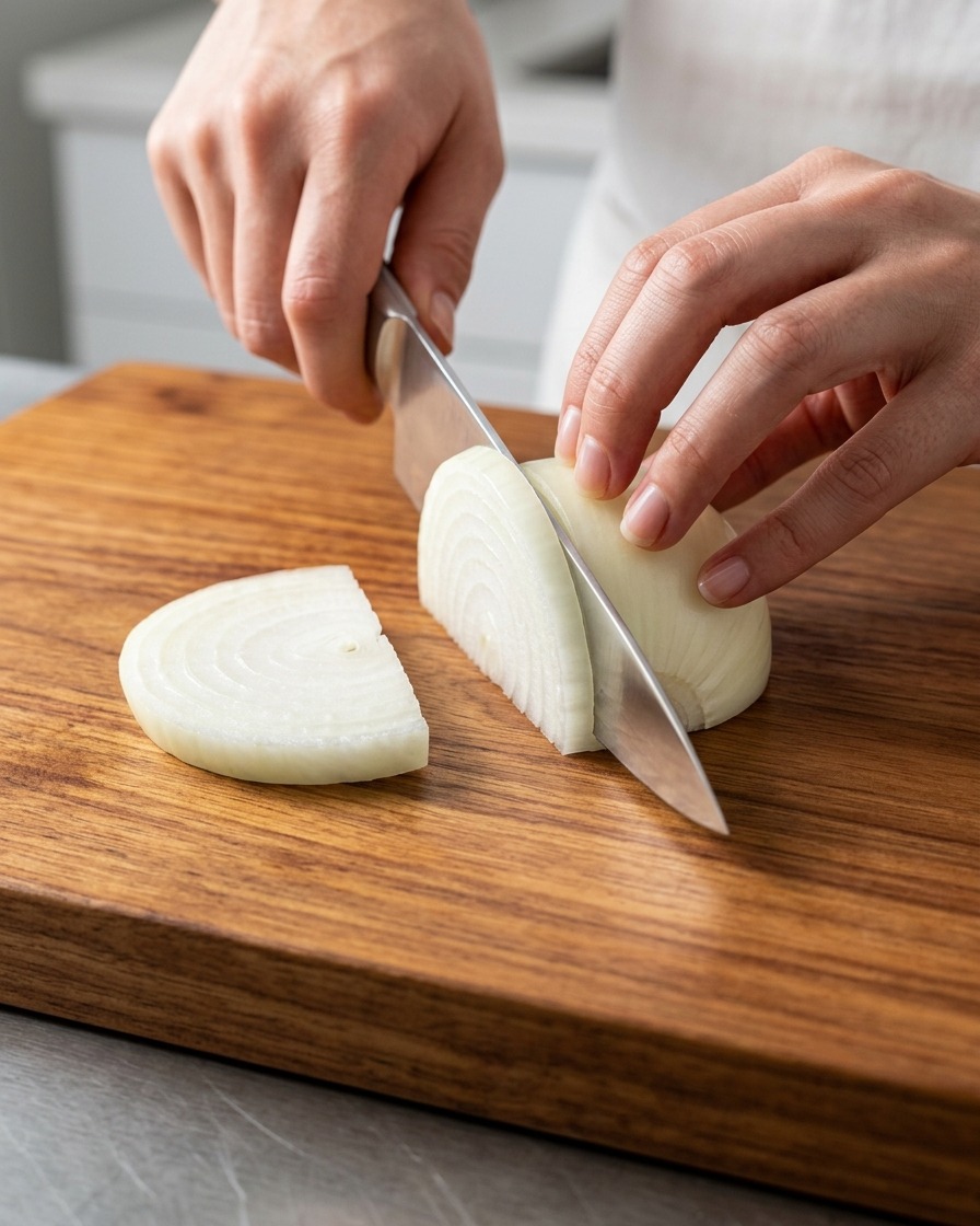 A persons hands using a chefs knife to slice a white onion on a wooden cutting board.
