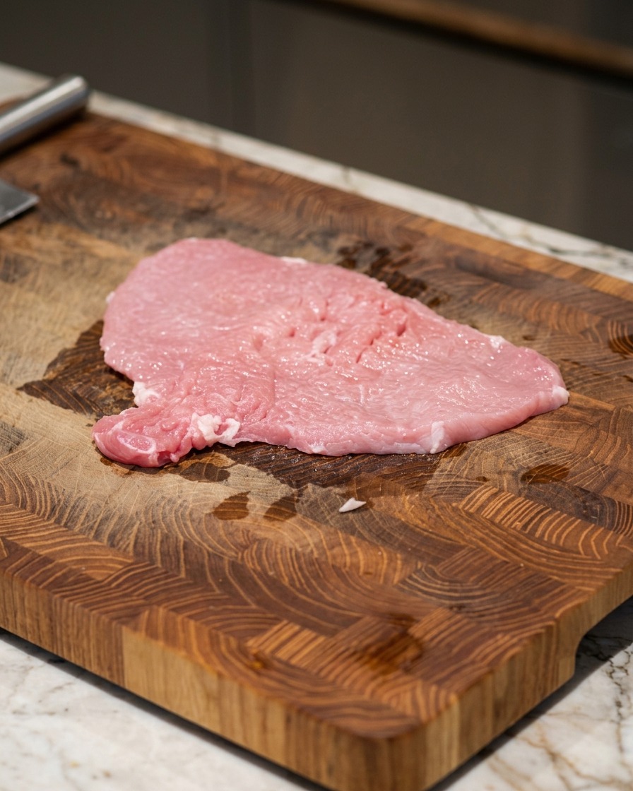 A thin, tenderized piece of raw pink pork resting on a wooden board with visible grains of salt and pepper.