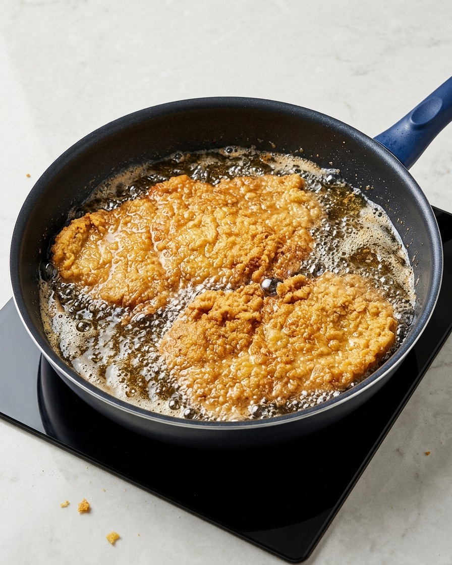 Two large breaded pork cutlets frying in a pan of hot oil, showing a crispy, golden-brown exterior.