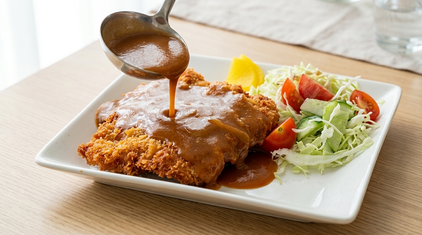 A golden-brown crispy tonkatsu pork cutlet drizzled with savory homemade sauce served alongside shredded cabbage and fresh salad