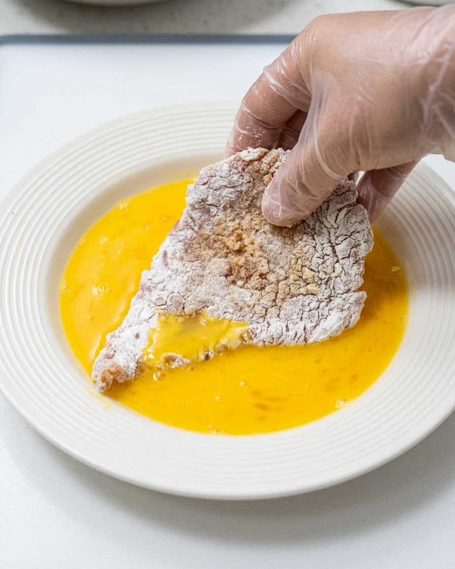 A hand dipping a starch-covered pork cutlet into a white plate filled with whisked yellow egg.