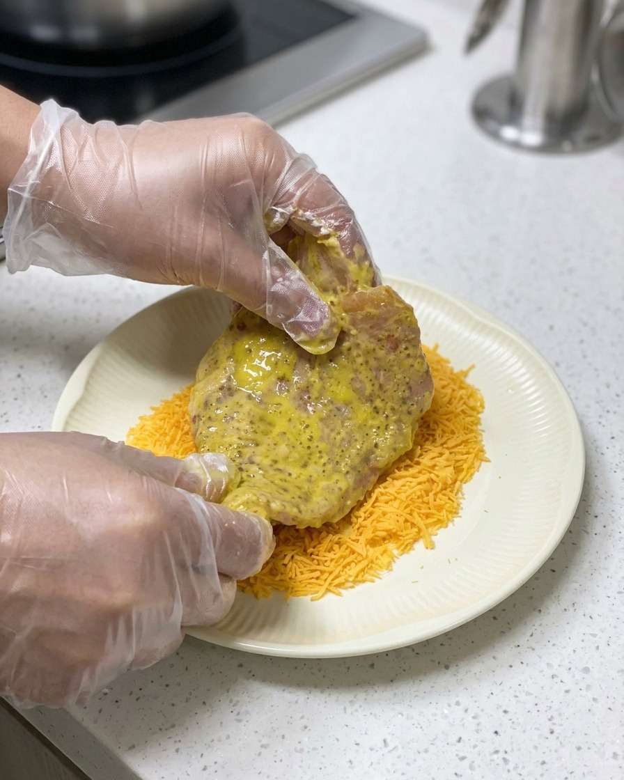 Hands in plastic gloves pressing a yellow egg-washed pork cutlet into a plate of orange breadcrumbs.