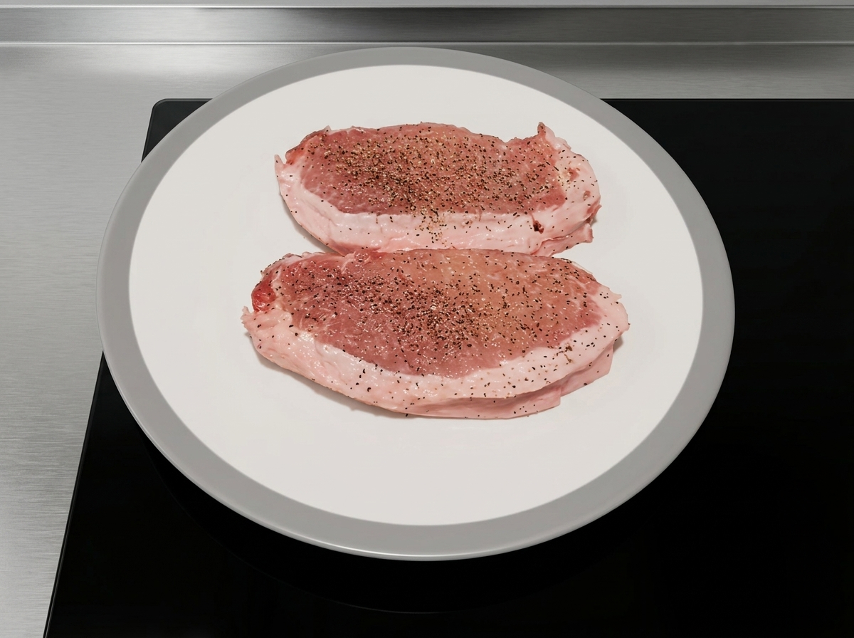 Two thick-cut raw pork chops heavily seasoned with freshly ground black pepper resting on a clean white plate.
