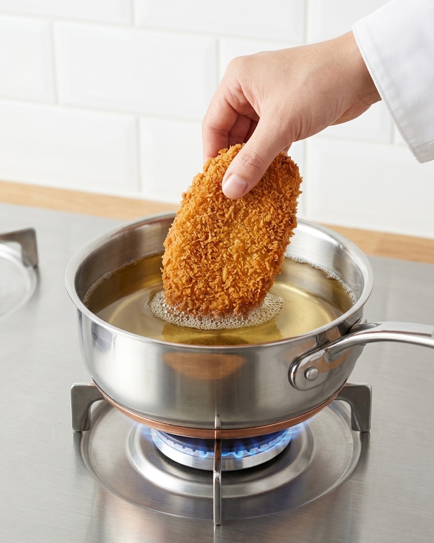 A hand carefully lowering a golden breaded panko pork cutlet into a stainless steel pot filled with hot frying oil.