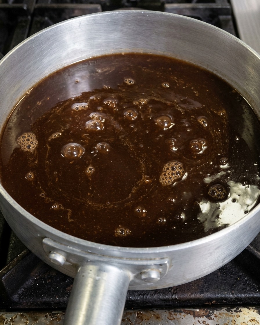 The dark, viscous miso sauce bubbling and simmering in a pot on a stovetop, showing small air bubbles on the surface.