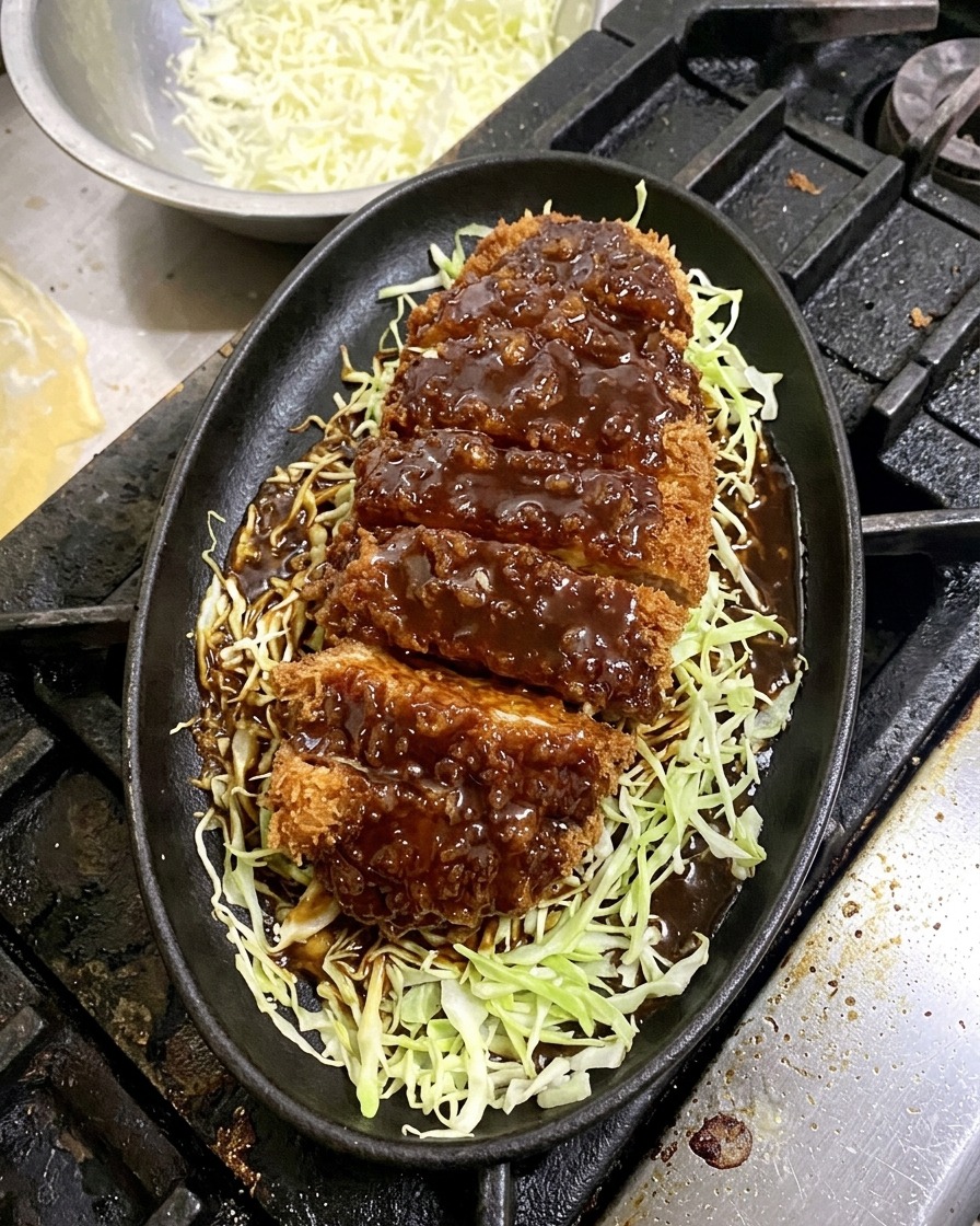 A sliced, breaded pork cutlet resting on shredded cabbage in an oval iron skillet, partially covered in a thick, dark brown miso sauce.