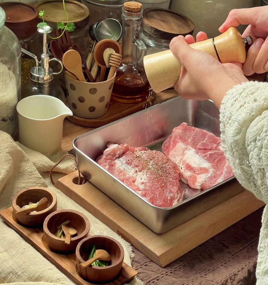 A hand grinding black pepper over raw pork chops seasoned with salt and sugar in a shallow metal tray.