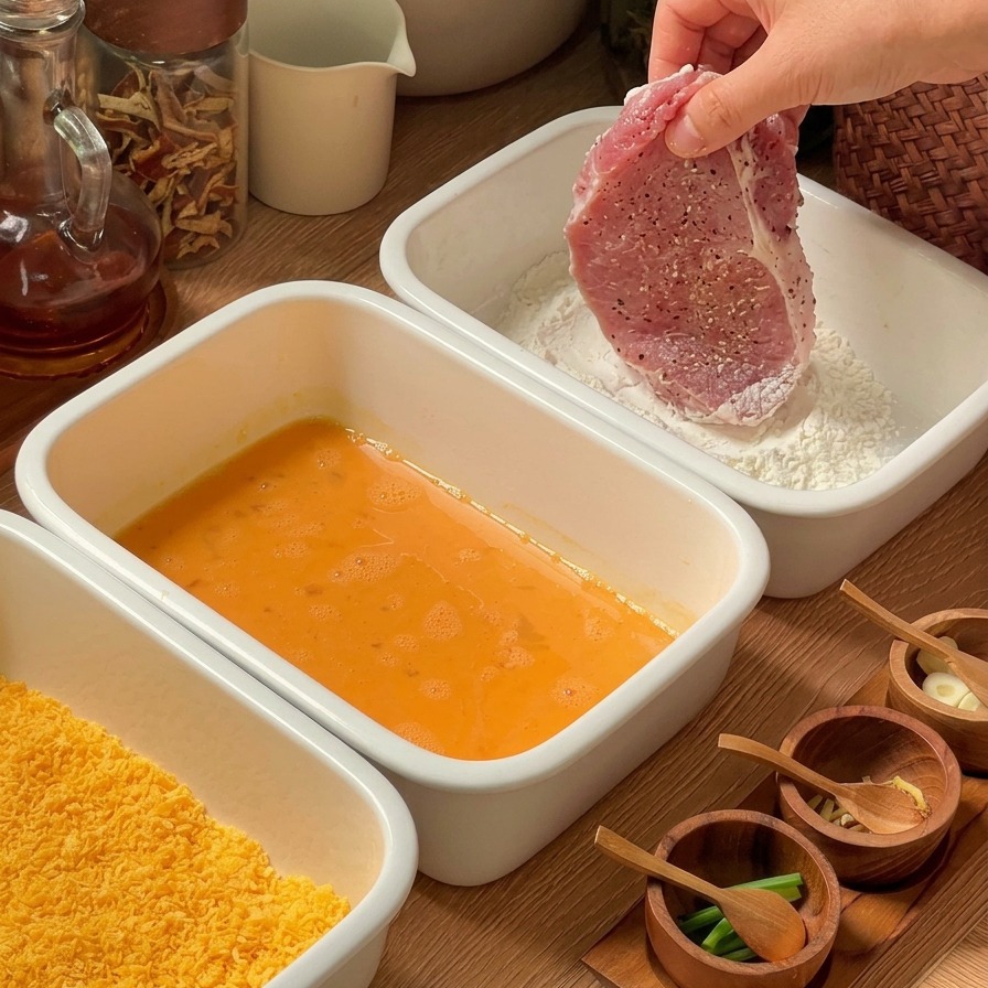 A hand holding a raw pork chop over a white tray filled with flour, ready to begin the breading process.