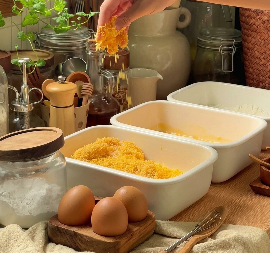A hand sprinkling vibrant golden breadcrumbs over an egg-washed pork chop in a white rectangular tray.