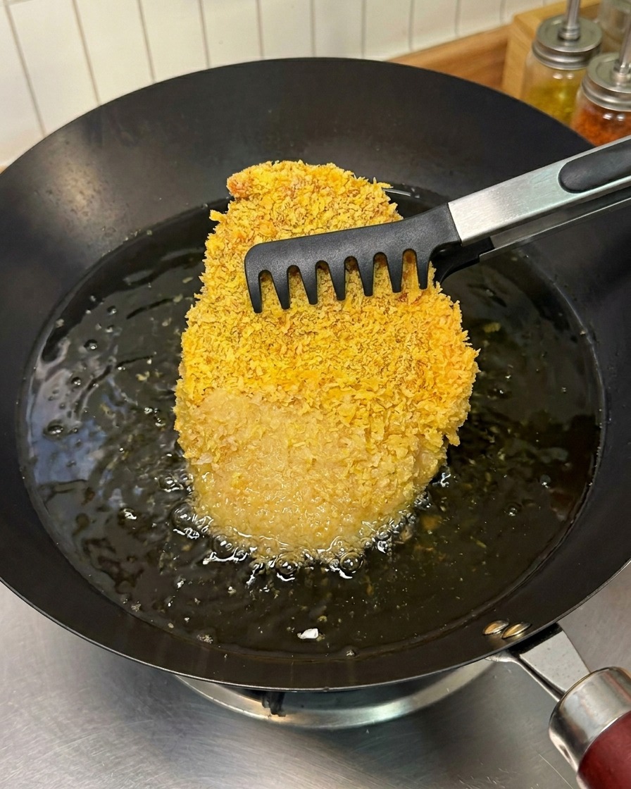 A breaded pork chop being lowered into a wok of bubbling hot oil using kitchen tongs.