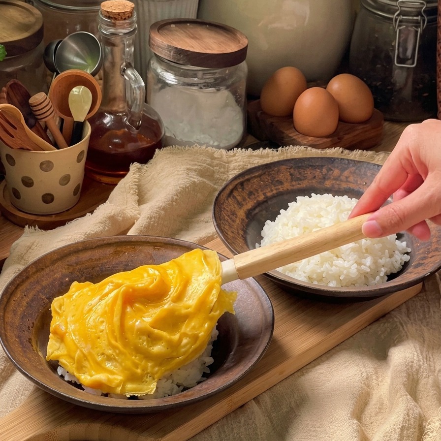 A golden tornado-style omelet being placed onto a bowl of white rice using a spatula.