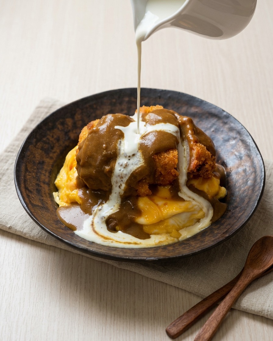 A thin stream of white coconut cheese sauce pouring from a white ceramic pitcher onto a breaded pork chop already coated in dark brown curry sauce.