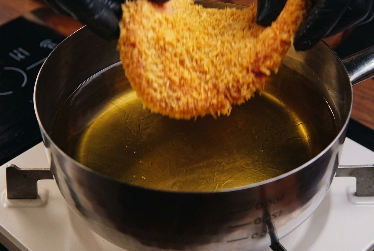 A panko-breaded pork cutlet being carefully lowered into a pot of hot, clear oil with gloved hands.