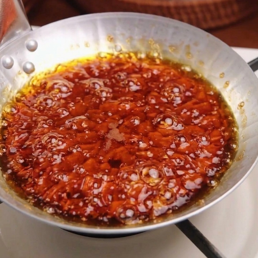 Sliced white onions bubbling in a dark brown savory dashi-based sauce in a shallow metal pan.