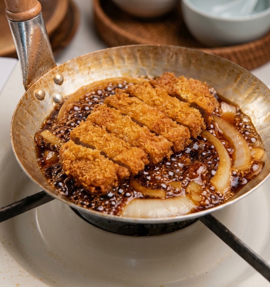 Slices of golden-brown fried pork arranged over translucent onions in a bubbling dark sauce within a metal pan.