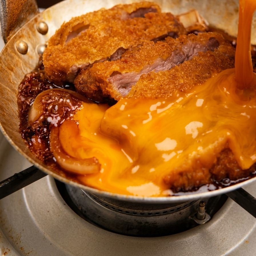 Beaten raw eggs being poured over a pork cutlet simmering in a metal pan, creating a vibrant yellow layer.