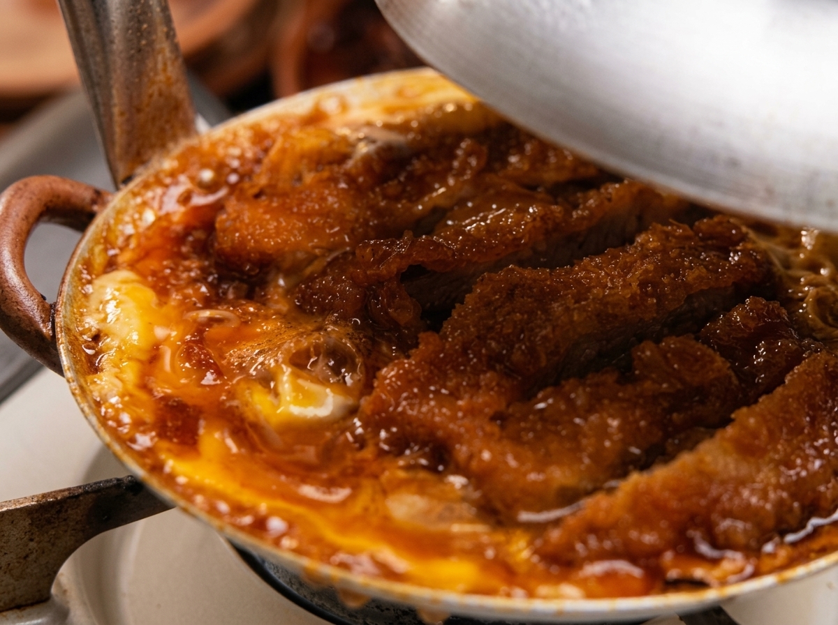 A hand placing a round metal lid over a traditional Japanese katsudon pan containing a cutlet and partially cooked eggs.