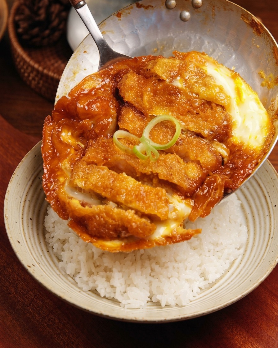 The completed katsudon being poured from a pan onto a ceramic bowl of white rice, showing the golden eggs and sliced pork.