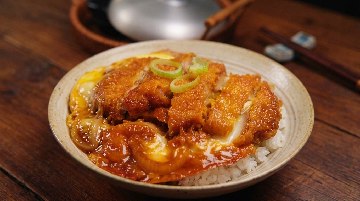 A close-up view of a finished Katsudon—golden-brown sliced pork cutlet in a silky, semi-set egg omelet with translucent onions over white rice.