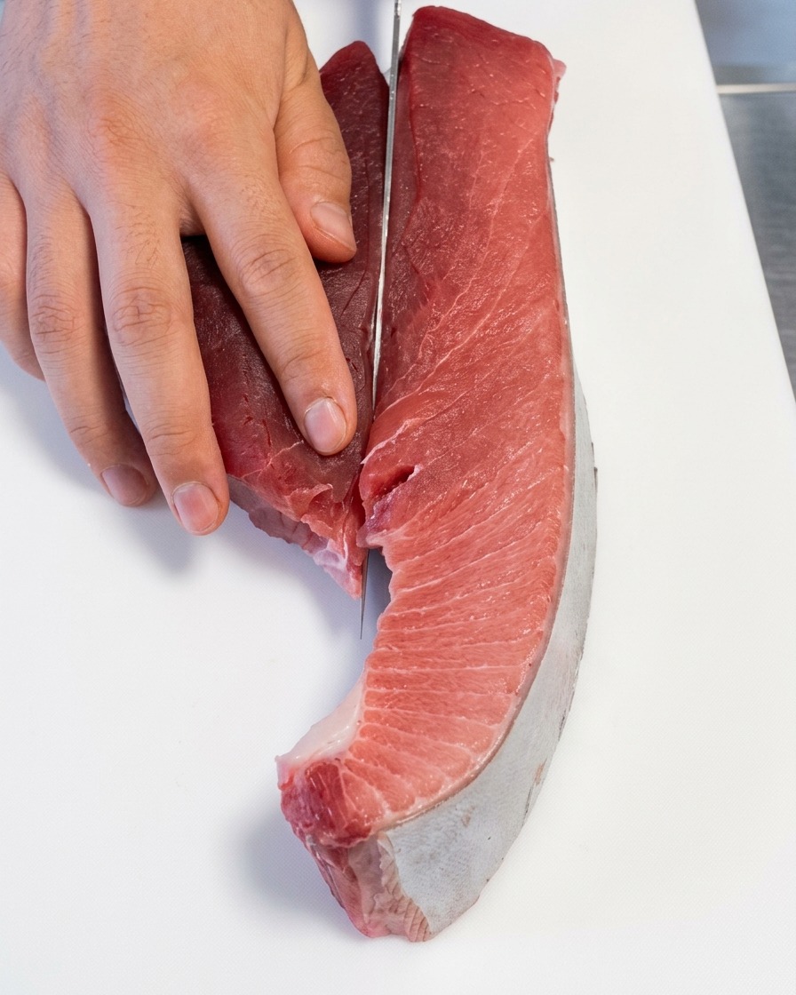 A chefs hand using a thin knife to slice through a large slab of raw tuna, separating the dark red bloodline from the lighter pink meat.