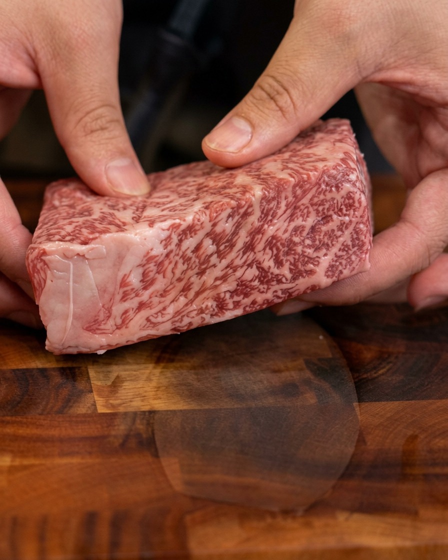 A close-up of hands holding a thick cut of raw marbled beef steak to display its thickness and beautiful fat marbling pattern.