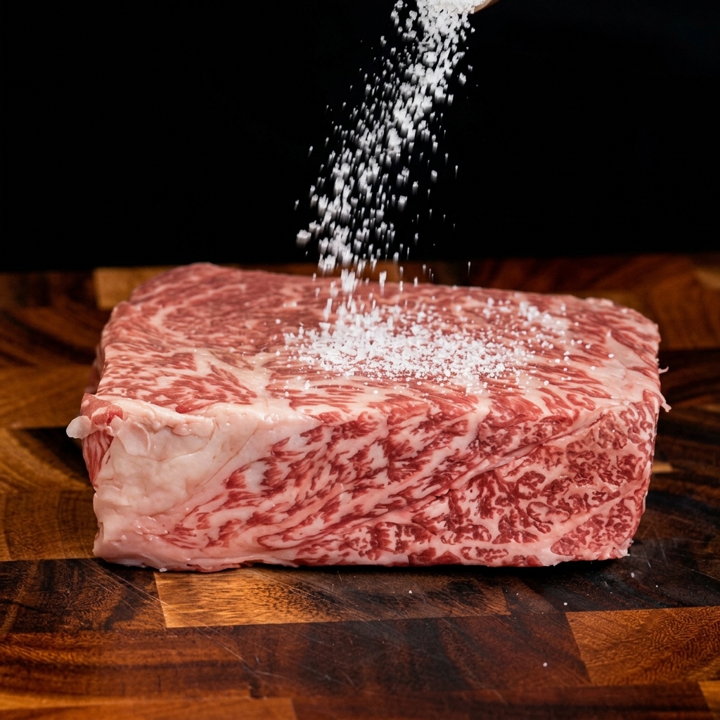 Coarse salt flakes being sprinkled generously onto a thick raw marbled beef steak on a wooden board.