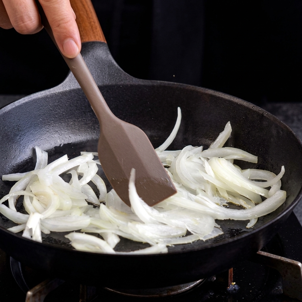 Stir-frying sliced white onions with a brown spatula in a hot cast iron skillet.
