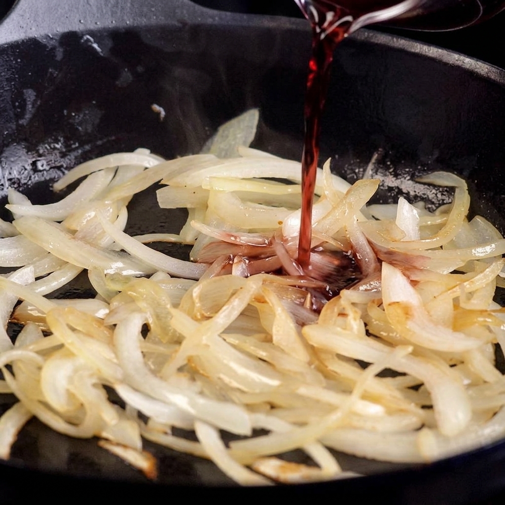 Pouring a stream of red wine into a pan of sautéed white onions to begin the caramelization process.