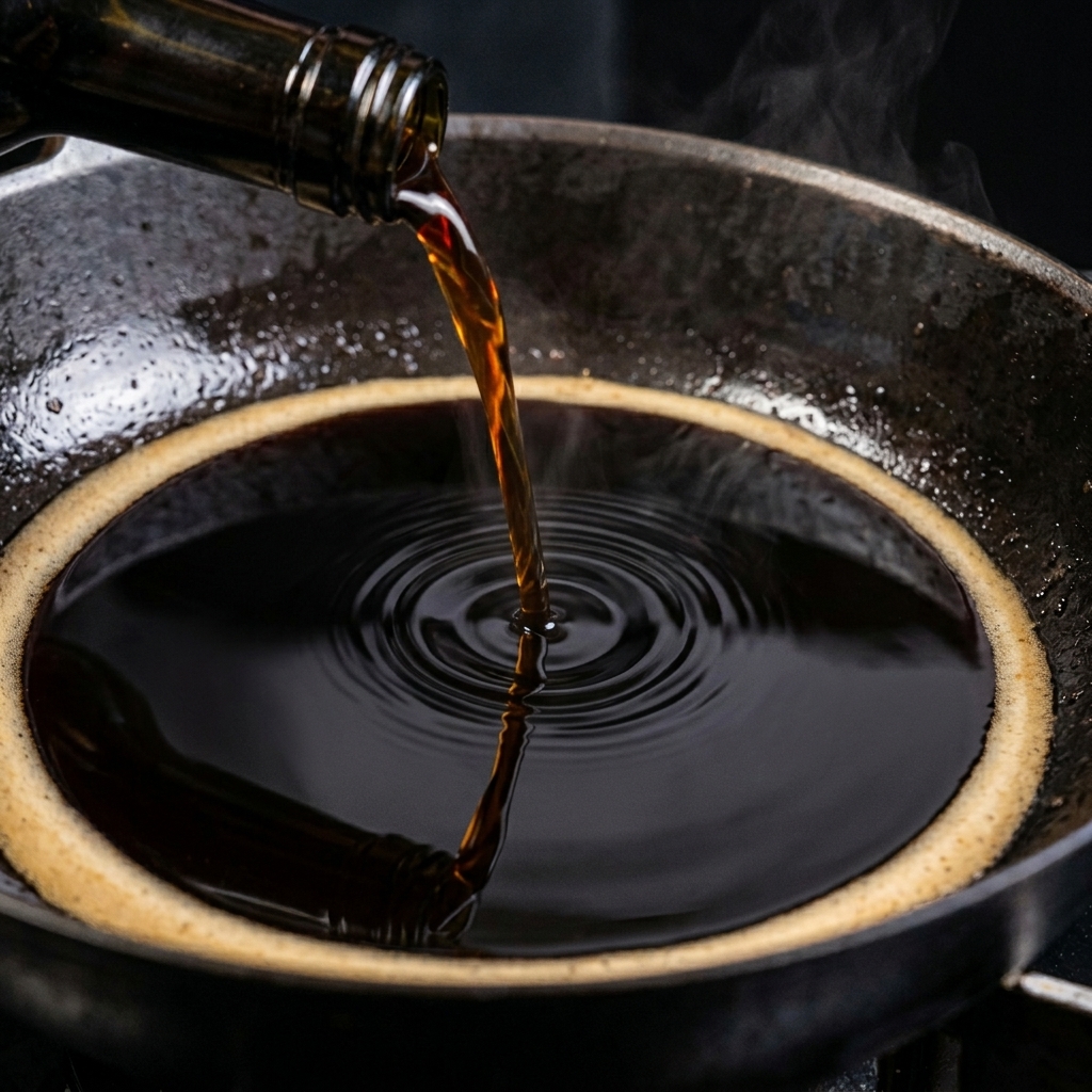 A dark liquid sauce being poured from a bottle into a black pan, creating small ripples on the surface of the liquid already in the pan.