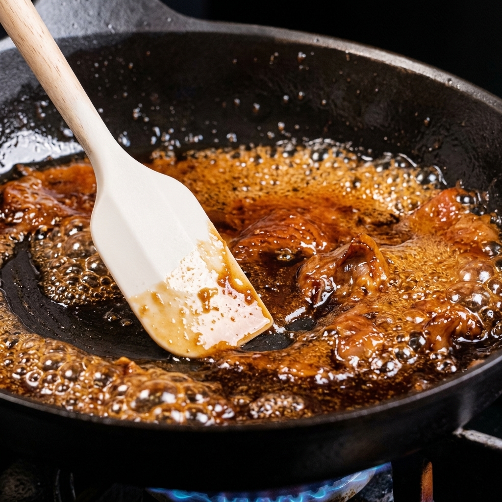 A thick, bubbling brown sauce simmering in a black pan, being stirred with a white silicone spatula.