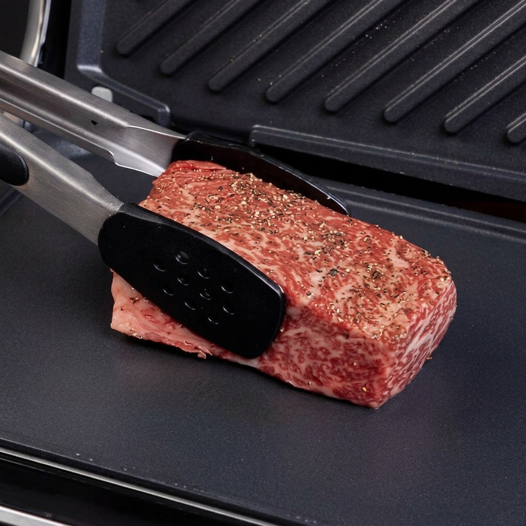 A thick, raw marbled beef steak seasoned with black pepper being placed onto a dark grey electric grill plate with metal tongs.