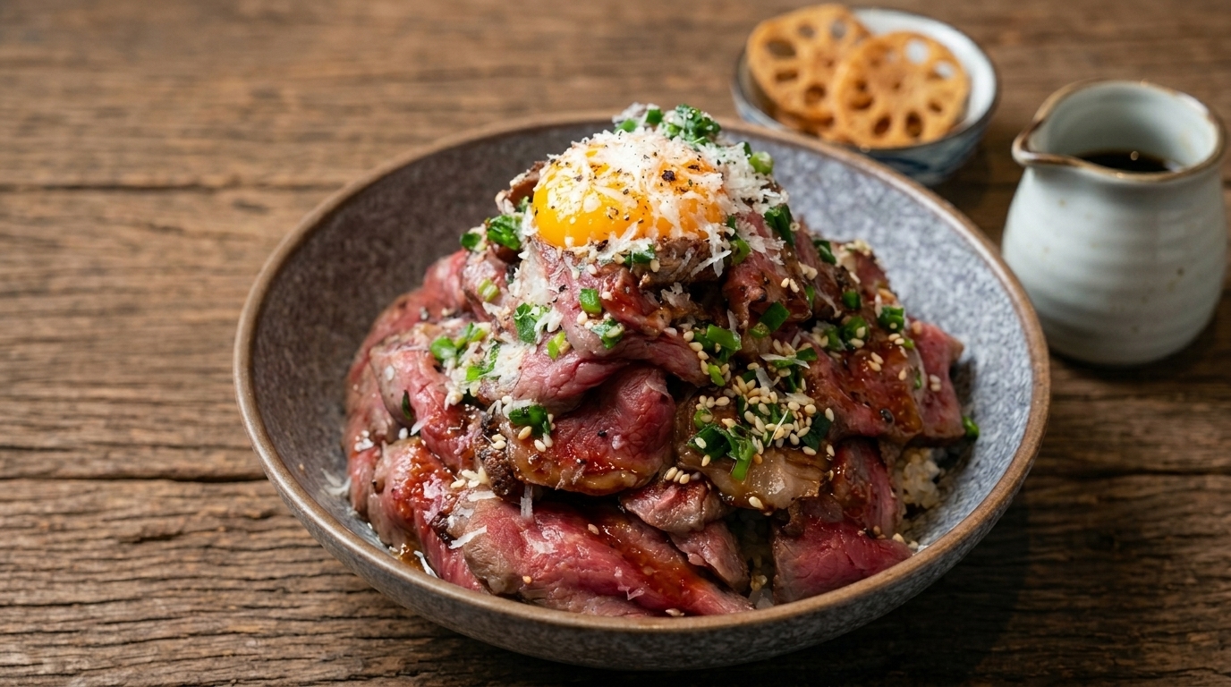 A magnificent bowl of dry-aged beef donburi with rare steak slices stacked over rice, crowned with a vibrant egg yolk and grated cheese.