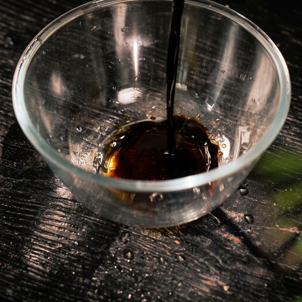 A stream of dark soy sauce being poured into a clear glass mixing bowl on a dark wooden surface.