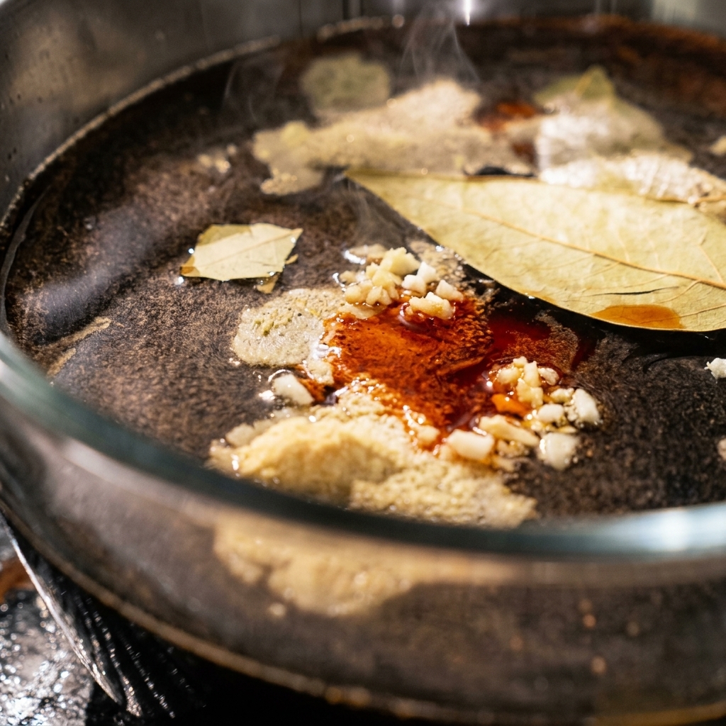 Bay leaves, ginger slices, and kelp floating in a dark marinade liquid inside a glass bowl.
