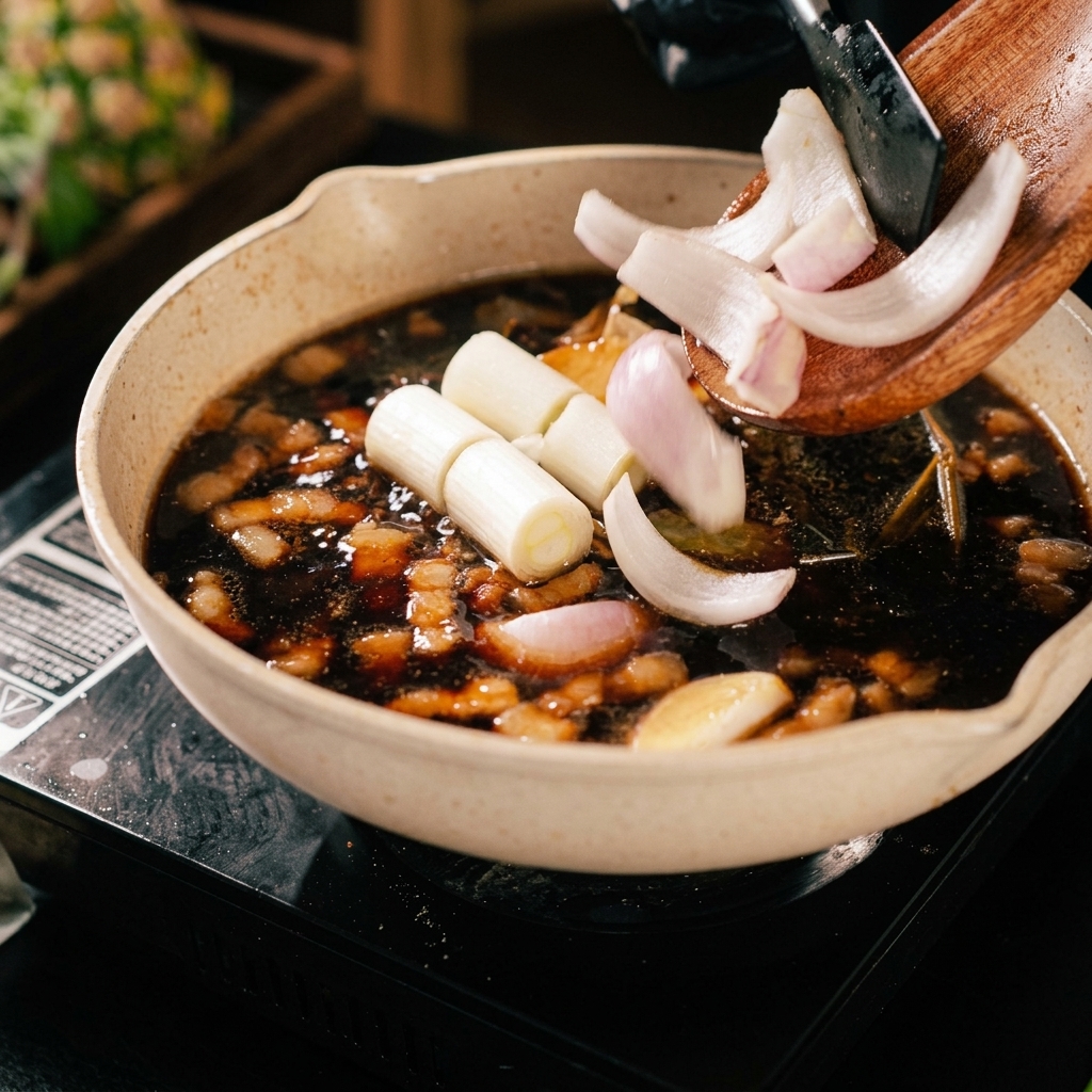 Fresh green scallion stalks and red onion wedges being dropped into a pan of pork simmering in a dark sauce.
