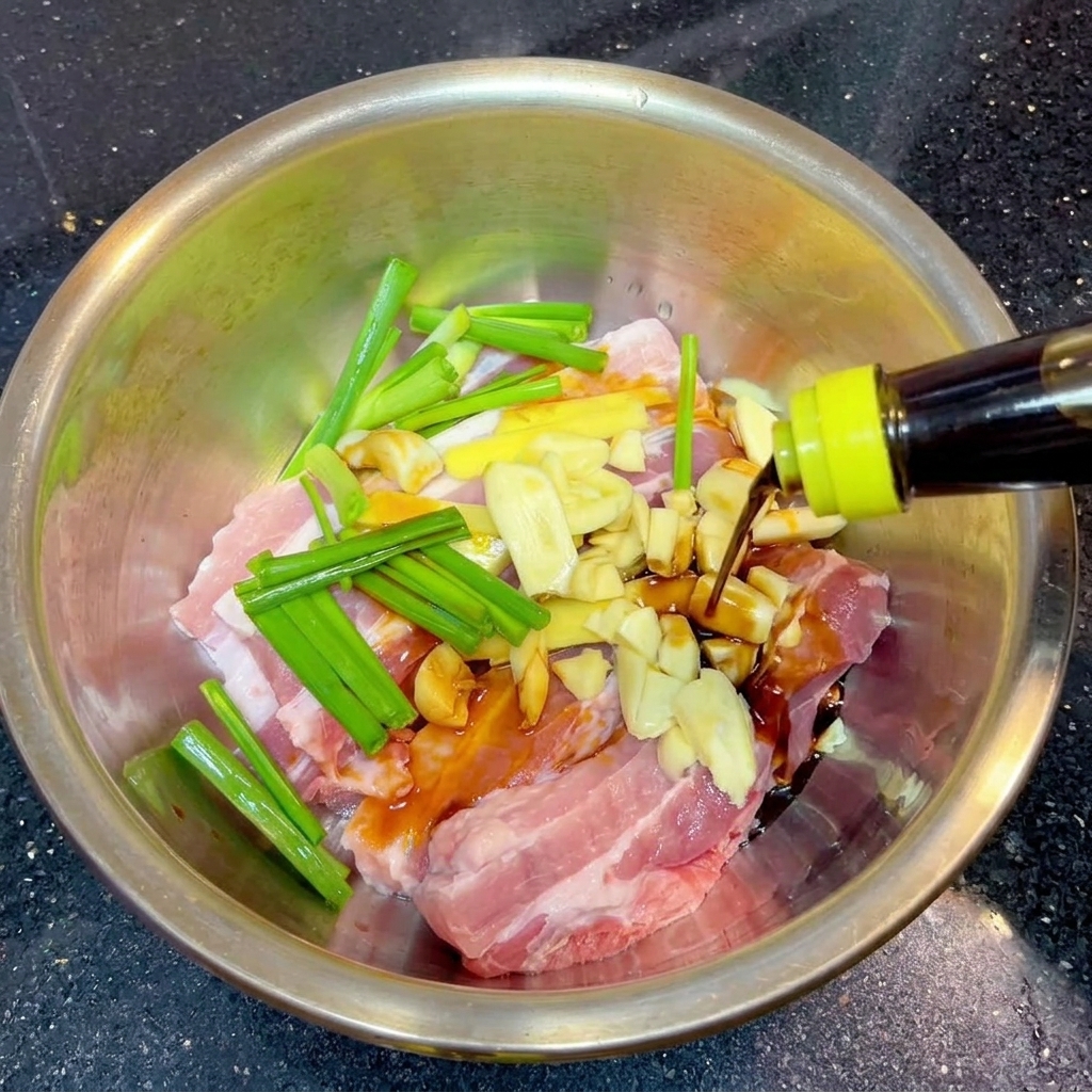 Dark liquid being poured from a yellow-capped bottle onto raw pork belly strips mixed with green scallion sections and sliced aromatics.