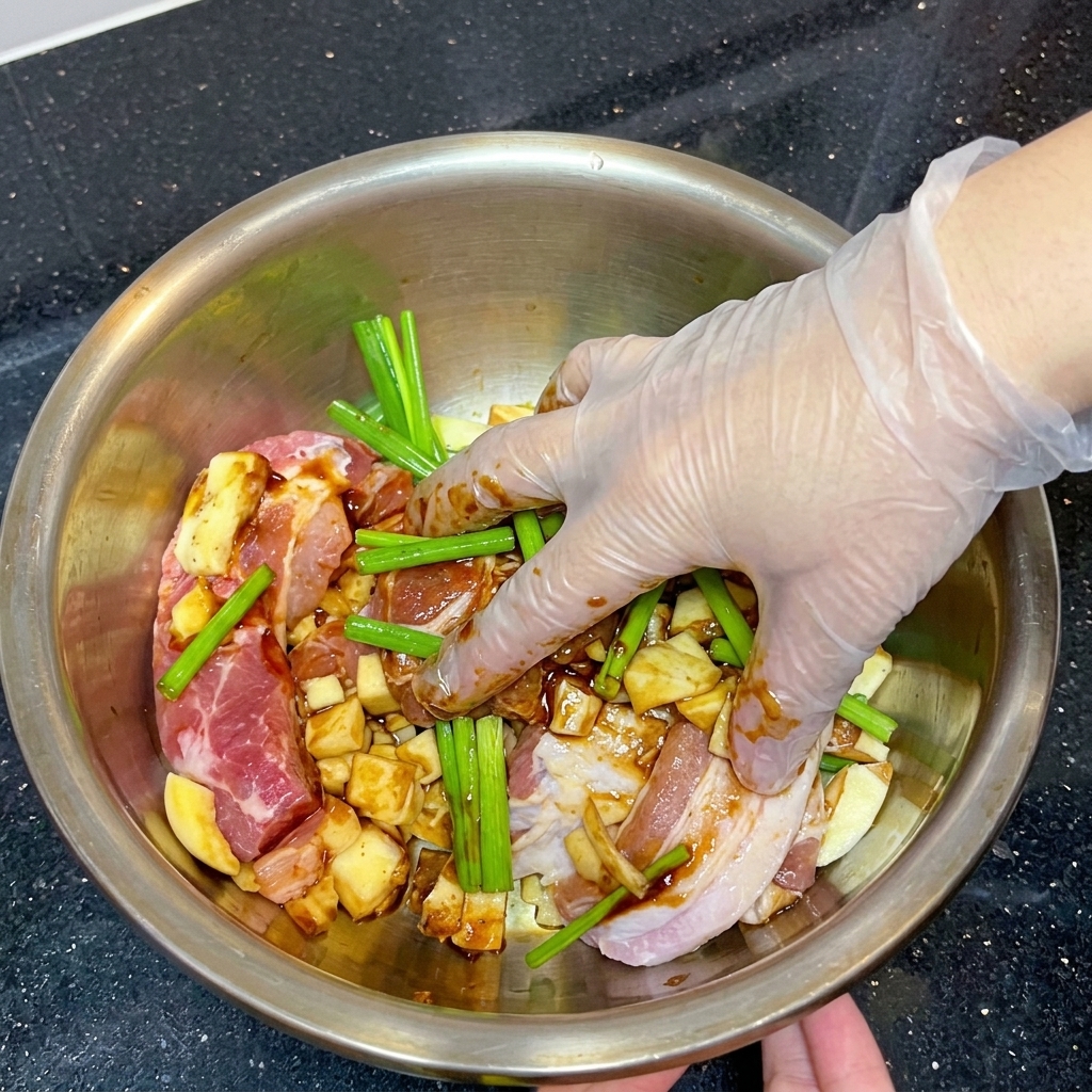 A hand in a transparent plastic glove squeezing green scallions and dark marinated pork belly strips together in a stainless steel bowl.