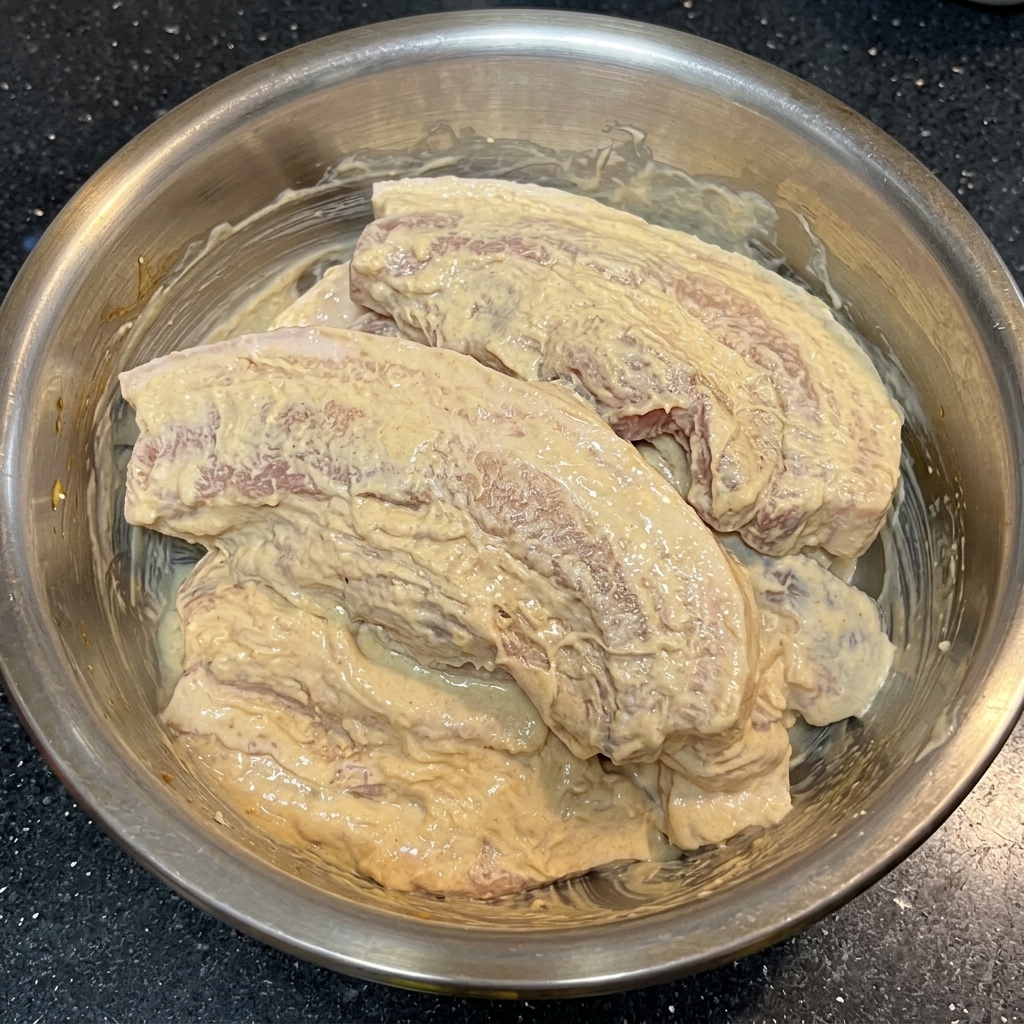 Pork belly strips completely covered in a thick, creamy, pale-colored batter inside a metal mixing bowl.