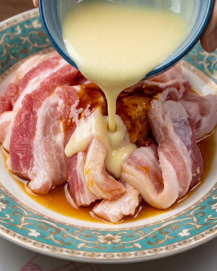 Creamy white garlic liquid being poured from a blue bowl onto seasoned pork belly slices.