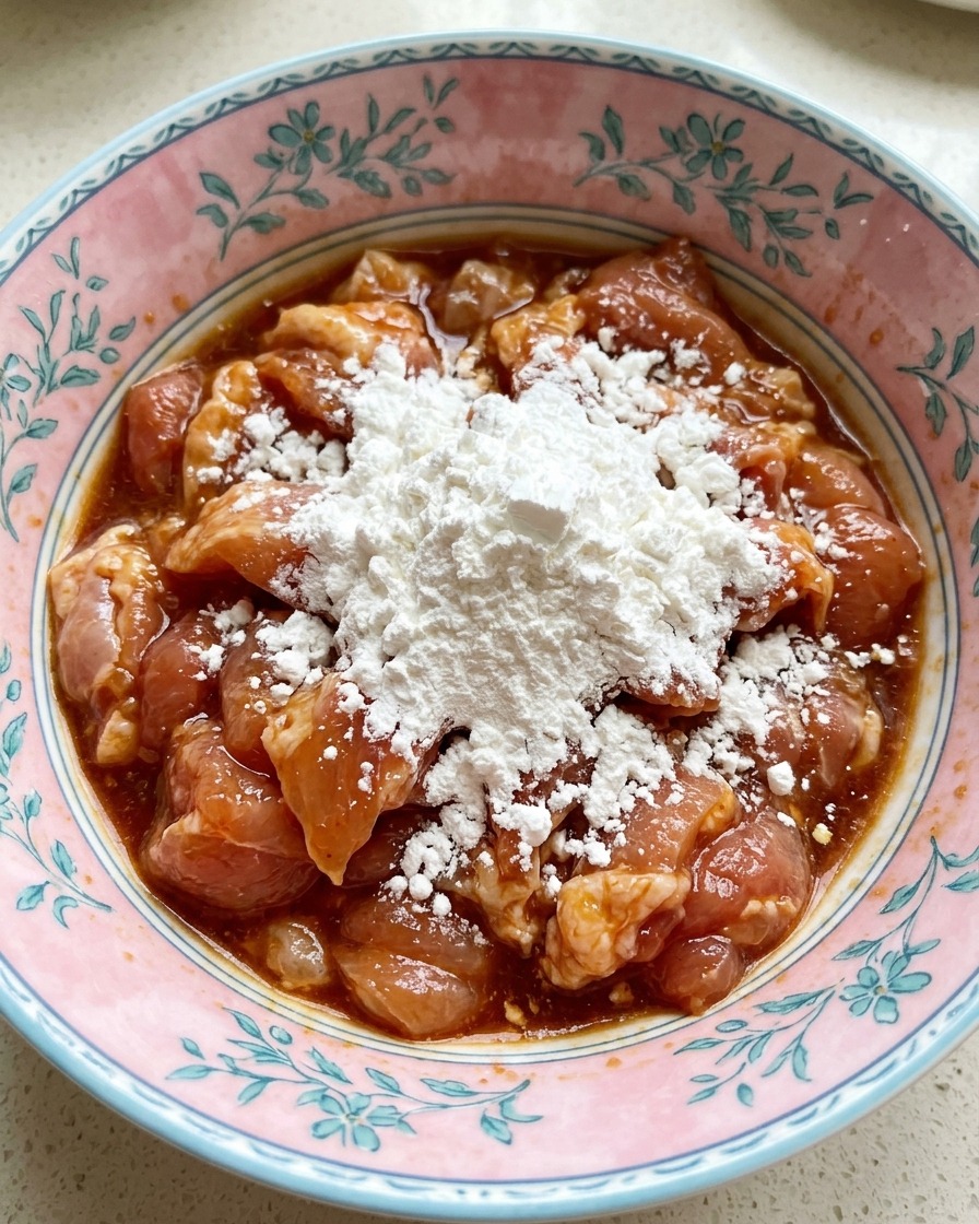 A pile of white starch powder sitting on top of marinated pork pieces in a floral-patterned bowl.