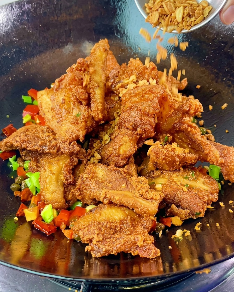 Crispy fried garlic being poured over a pile of golden pork belly slices in a wok containing sautéed peppers and chilies.