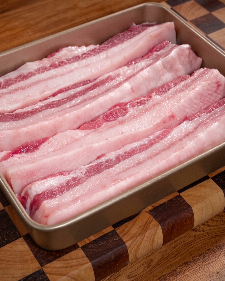 Several long, raw pork belly strips with distinctive alternating layers of pink meat and white fat neatly arranged inside a gold rectangular metal tray on a wooden surface.