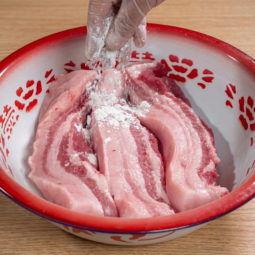 A hand wearing a clear glove sprinkles white flour over raw pork belly strips laid inside a red-rimmed enamel bowl.