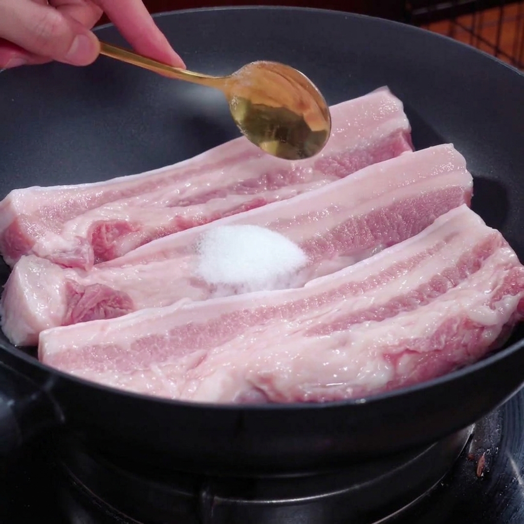A golden spoon held over a mound of white salt placed on top of raw pork belly strips inside a black cooking pan.